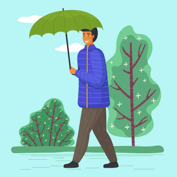 Guy with umbrella walking, male smiling wearing warm clothes jacket and pants, young adult man — Stock Vector