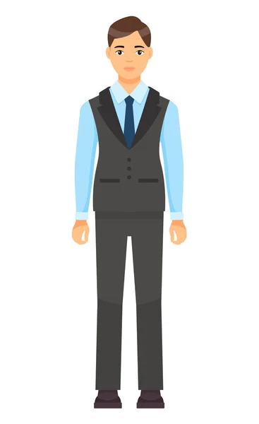 Icona di uomo d'affari in cappotto, gilet e pantaloni, camicia blu, cravatta, personaggio dei cartoni animati isolato a bianco — Vettoriale Stock