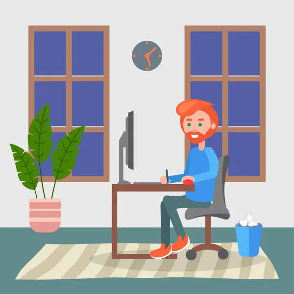Rudowłosy brodaty mężczyzna pracujący z komputerem w domu, młody facet grający w gry komputerowe w internecie — Wektor stockowy