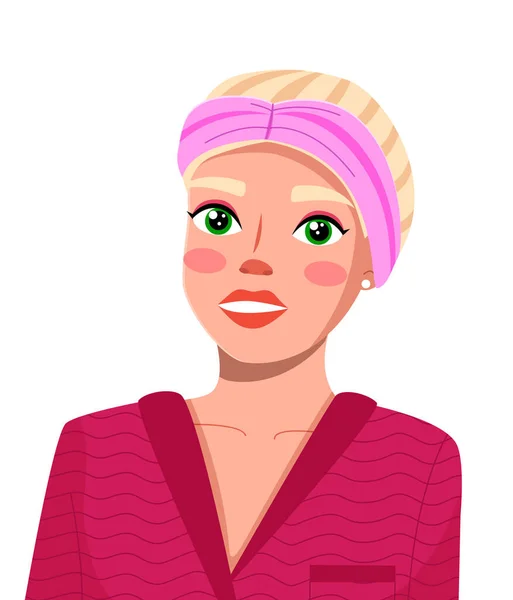 Avatar van jonge blonde glimlachende vrouw, schoonheid blogger dragen roze hoofdband en rode badjas — Stockvector