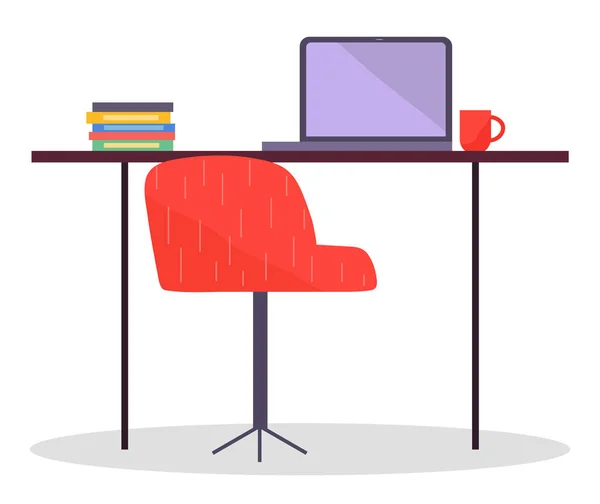 Lugar de trabajo con portátil inalámbrico y silla cómoda, mesa de oficina con computadora, trabajo en Internet — Archivo Imágenes Vectoriales