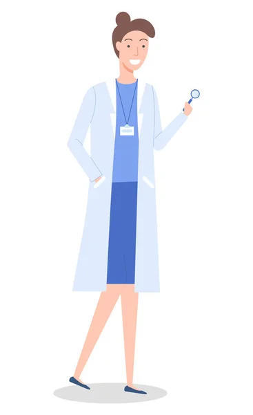 Mujer doctora o médico que usa bata médica, bonita terapeuta con lupa, atención médica — Vector de stock