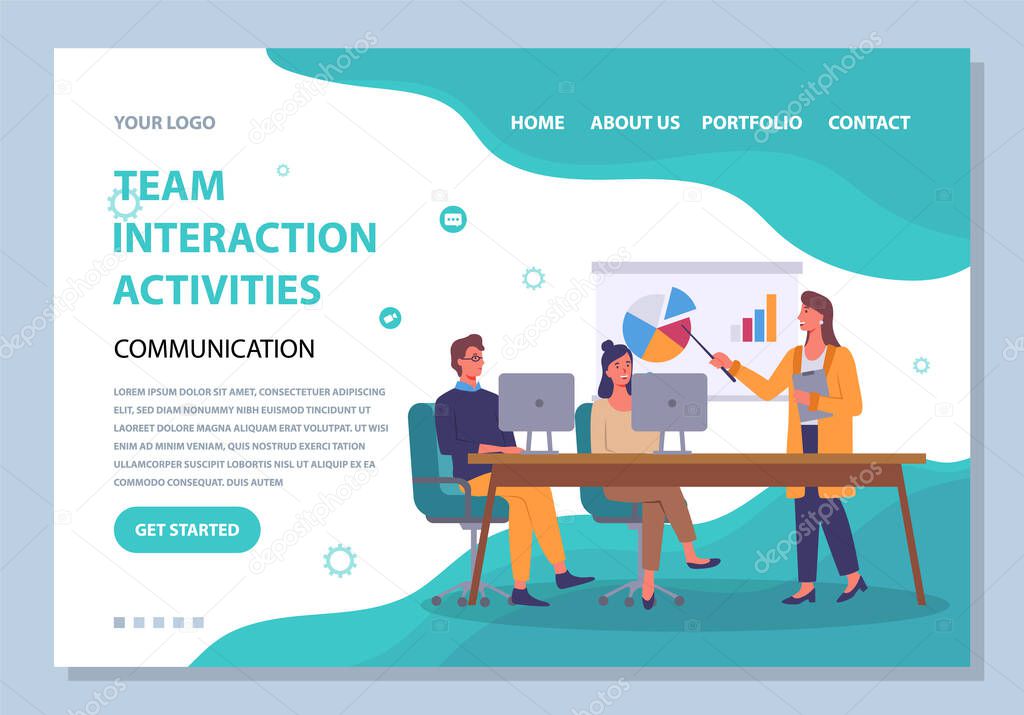 Team Interaction activities site template. Employees interact each other. Analytical data board.