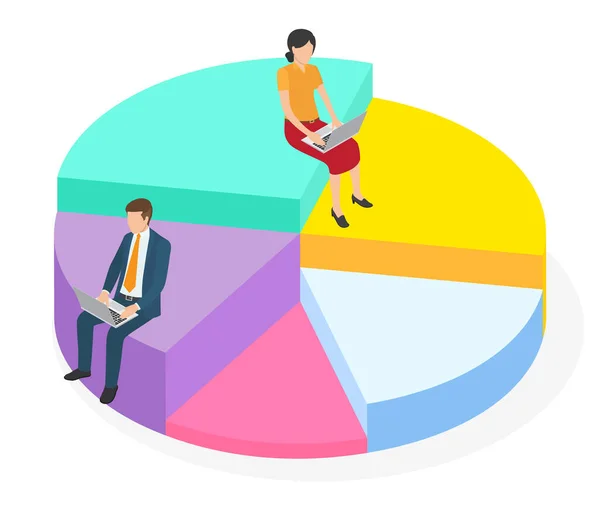 La gente de negocios se sienta en un gráfico circular conceptual gigante. Asesoría financiera, inversión, ahorro — Vector de stock