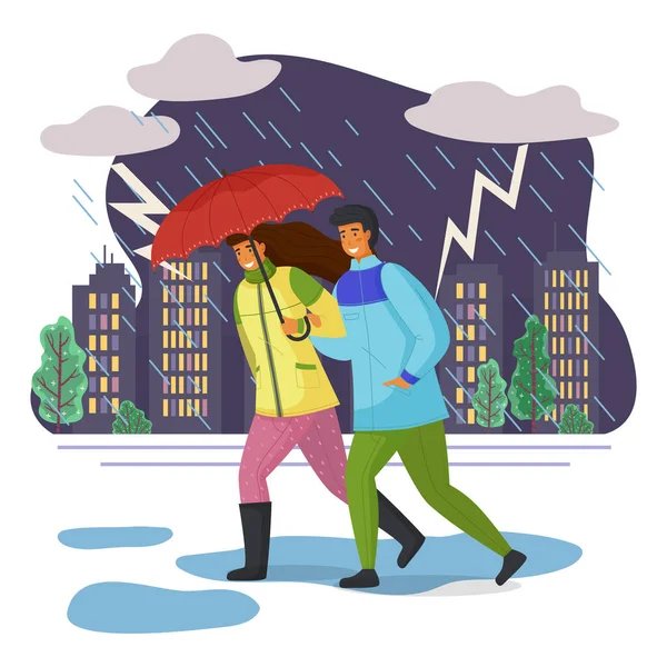부부는 폭우를 퍼붓고 우산을 타고 탈출 한다. 저녁 도시, 번개가 치고 비가 쏟아진다 — 스톡 벡터