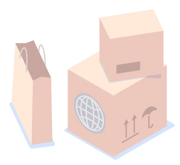 Kağıt alışveriş paketi, karton paketler, posta pulları. Uluslararası sevkiyat. Düz vektör resmi — Stok Vektör