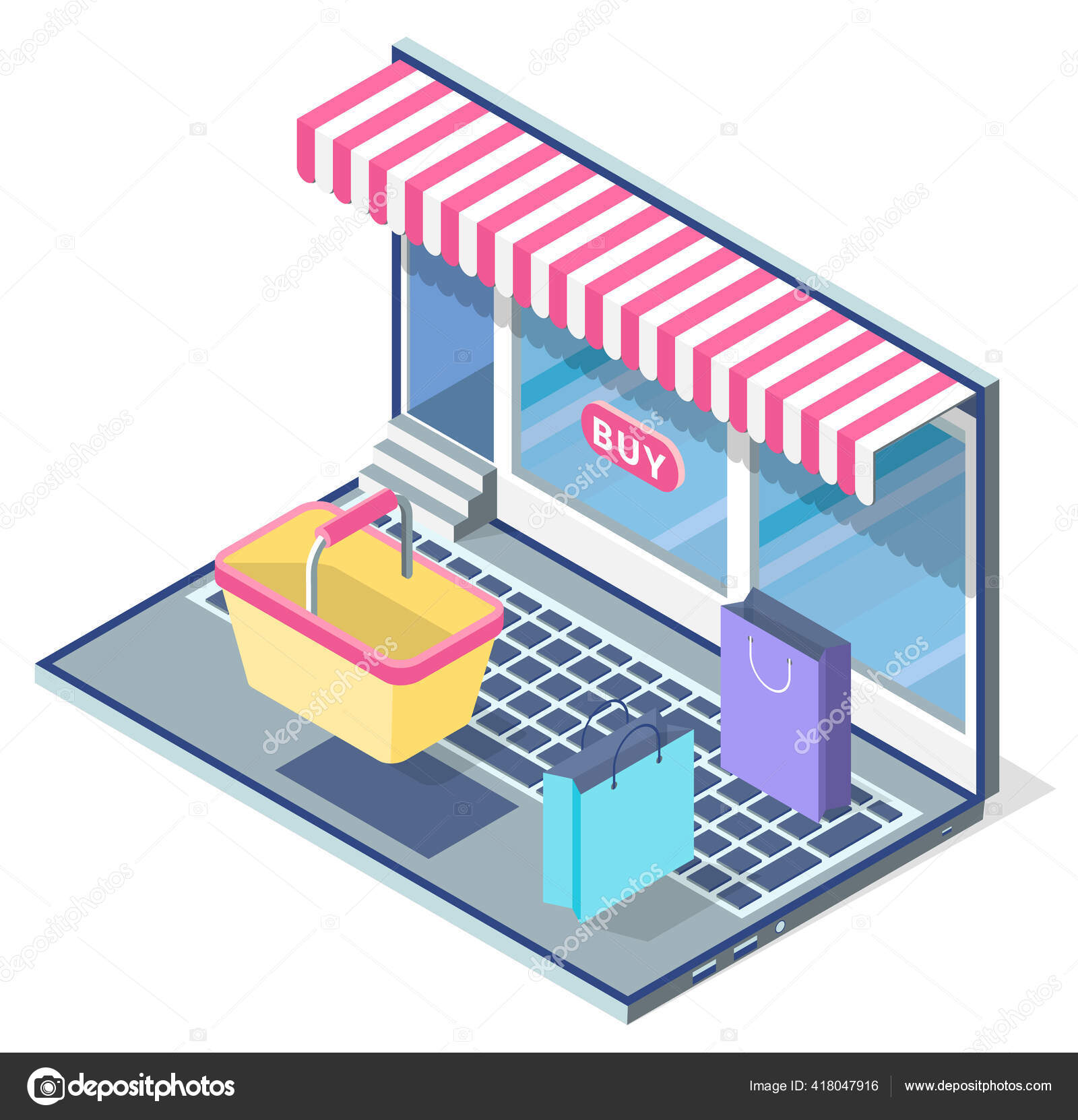 Shopping basket, shopping packages on concept laptop keyboard