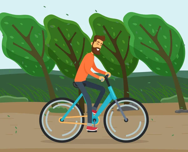 Ciclista paseos en bicicleta en la carretera del campo. El viento inclina los árboles, recoge las hojas. Ocio activo — Vector de stock