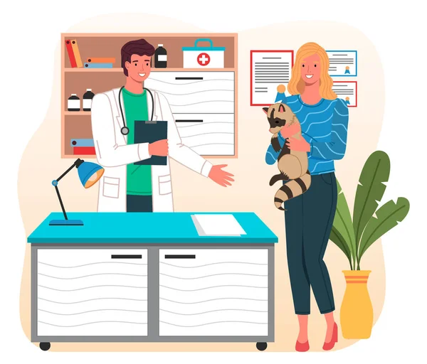 Állatorvos írótáblával és lány mosómedvével állatorvosi rendelőben. Háziállatok gondozása — Stock Vector