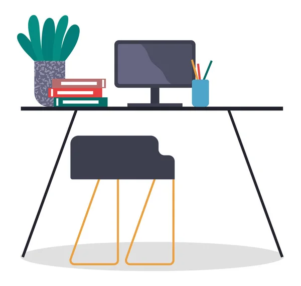 Mesa, cadeira, monobloco, artigos de papelaria, pastas, vaso de flores, espaço de escritório, móveis. Imagem plana —  Vetores de Stock