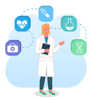 Elinde pano, şırınga, kalp, tüp, kafasında DNA zinciri olan doktor kadın. Düz resim
