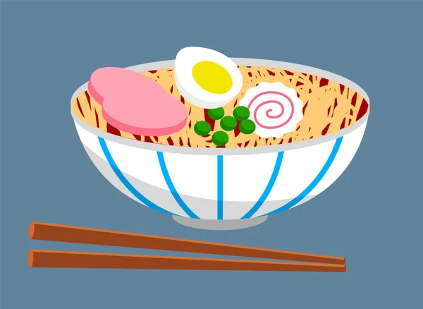 Chinees mat, nudlar, kött, tallrik, pinnar. Asiatisk kumarin. Etnisk mat. Äta och dricka — Stock vektor