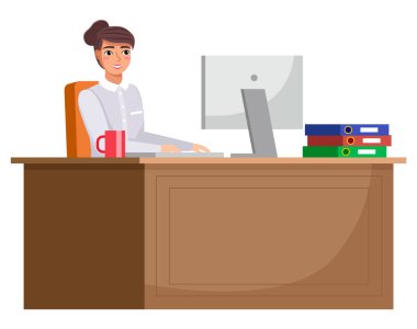 Ofisteki işyerinde. Çalışma alanı, masa, rahat koltuk ve bilgisayar olan dolap