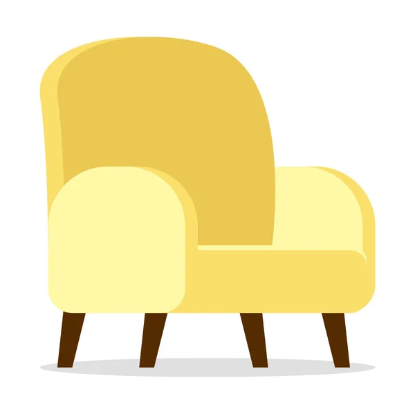 Fauteuil plat rembourré jaune dessin animé avec pieds, silhouette arrondie. Intérieur sur blanc — Image vectorielle