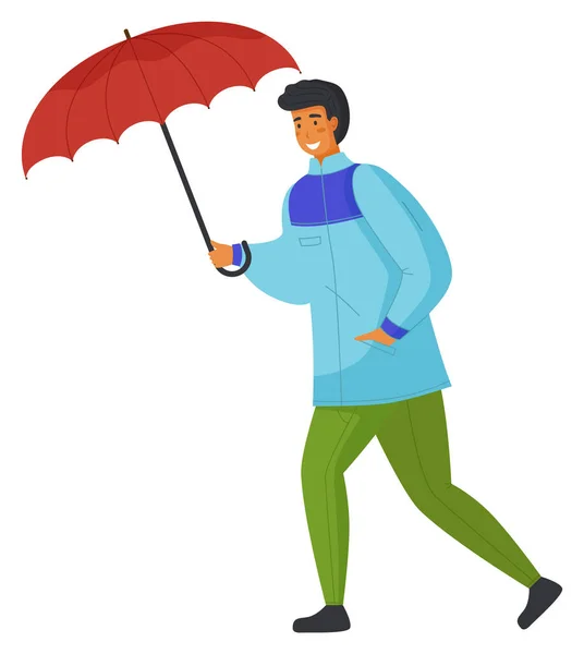 Чоловік у блакитній куртці та зелених штанях має червону парасольку. Захист від вітру та дощу за допомогою парасольки — стоковий вектор