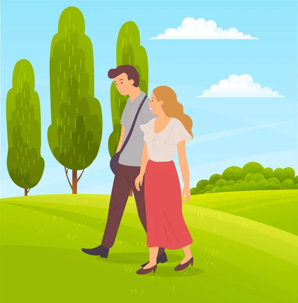 Молода пара гуляє на зеленому пейзажі, деревах, траві, чистому небі, сільській місцевості. Плоский векторний дизайн — стоковий вектор