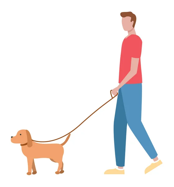 Парень гуляющий с собакой, прохожий, мужской персонаж — стоковый вектор