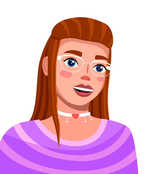 Jong bruin haar lachend meisje in bril licht make-up en choker in haar nek, avatar, portret — Stockvector