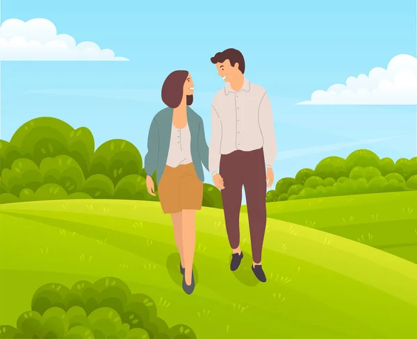 Ρομαντικό ζευγάρι περπατά στην ύπαιθρο, πράσινο τοπίο, δέντρα, γρασίδι, καθαρό ουρανό. Σχεδιασμός επίπεδου διανύσματος — Διανυσματικό Αρχείο