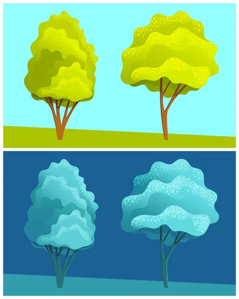 Day and night illustration view at trees at hill, dark blue and green view, scenery with clear sky — Stock Vector
