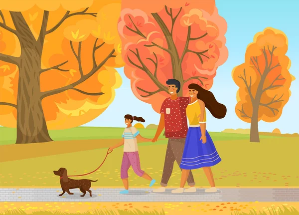 Paseos familiares en la naturaleza con perro. Parque de la ciudad, árboles amarillos, otoño, cielo despejado, sol. Imagen plana — Vector de stock