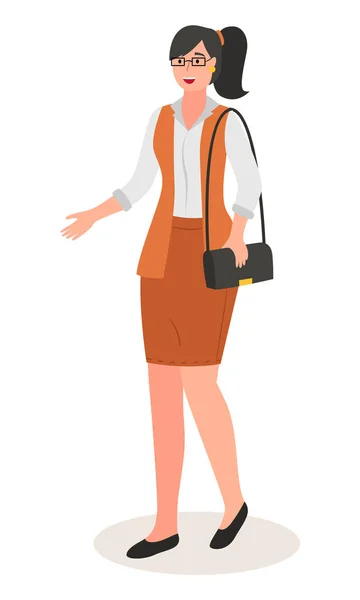 Personnage de dessin animé isolé, jeune femme portant une blouse de bureau, jupe, tenant sac à main souriant — Image vectorielle