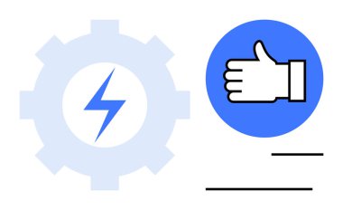 Hızı, gücü ve verimliliği temsil eden yıldırımlı vites mavi dairede onaylanmak üzere işaretlenmiş. Üretkenlik, teknoloji, enerji, takım çalışması, başarı ve basit iniş için ideal