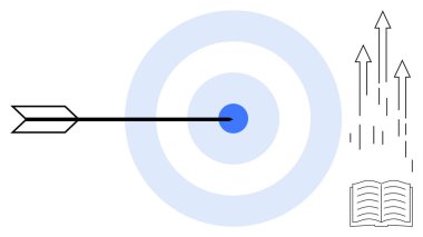 Artan oklarla hedefin merkezine ok atmak ilerlemeyi ve bilgiyi simgeleyen açık kitabı sembolize eder. Hedef belirleme, odaklanma, büyüme, eğitim, kişisel gelişim, strateji, başarı için ideal