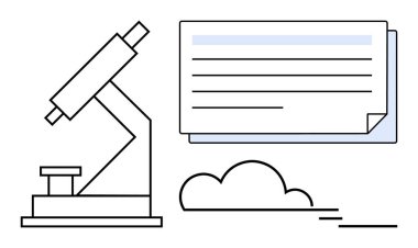 Mikroskop, belge notları ve bulut elementi ile birlikte araştırma, veri analizi, dijital depolama veya yeniliği sembolize eder. Bilim, eğitim, teknoloji ve araştırma ilerlemesi için ideal