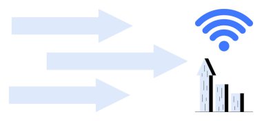 Kablosuz bir simgeye doğru hareket eden oklar veri transferini, bağlantıyı ve büyümeyi sembolize eder. Teknoloji, iş analizi, ağ oluşturma, verimlilik, strateji ve ilerleme için ideal