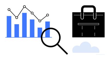 Çizgi grafikli bar çizelgesi, büyüteç, siyah evrak çantası ve bulut çizgisi. Analiz, strateji, pazarlama, araştırma büyüme yenilikçiliği iş planlaması için idealdir. Basit düz metafor