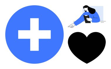 Mavi tıbbi haç, siyah kalp sembolü ve bakımı işaret eden bir pano tutan kadın. Sağlık, yardım, destek, insanlık, refah, profesyonel danışmanlık için ideal