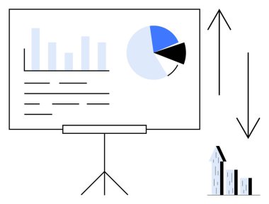 Üç ayaklı ekranda veri tabloları, çubuk grafik, pasta grafiği ve büyüme simgeleri. Analiz için ideal, veri incelemesi, iş stratejisi, ilerleme izleme, eğitim sunumu basit bir iniş sayfası