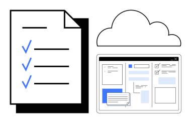 Belge kontrol listesi, kullanıcı arayüzü penceresi ve bulut grafiği organizasyon, işbirliği ve depolamayı temsil ediyor. İş akışı, üretkenlik, bulut depolama, görev yönetimi dijital için ideal