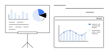 Çizgi grafiği ve pasta grafiği olan sunum tahtası, bir çizgi grafiğini gösteren tarayıcı penceresinin yanında. Veri analizi, iş stratejisi, sunumlar, raporlama, pazarlama, eğitim için ideal