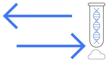 DNA sarmalı içeren test tüpünün yanında çift yönlü oklar var. Biyoloji, genetik, veri paylaşımı, bilim iletişimi, araştırma, yenilik, biyoteknoloji, basit düz metafor