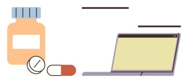 İlaç şişesi, haplar ve konsept olarak dijital sağlık hizmetleri, ilaç hizmetleri, teletıp, internet reçeteleri, sağlık yönetimi, tıp teknolojisi, basit bir daire.