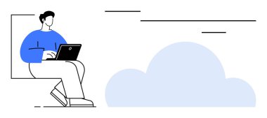 Bulut grafiğinin yanında dizüstü bilgisayarı olan adam bulut hesaplama yararlarını sembolize ediyor. Teknoloji, uzaktan çalışma, yenilik, veri yönetimi, dijital dönüşüm, çevrimiçi depolama için ideal