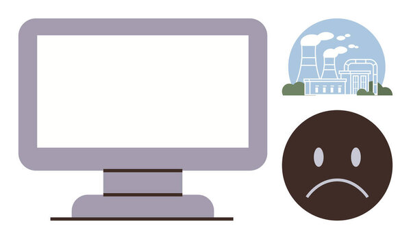 Large screen monitor, sad face, and factory with smoke pollution. Ideal for environment, sustainability, digital awareness, climate change, industrial impact, pollution awareness simple flat