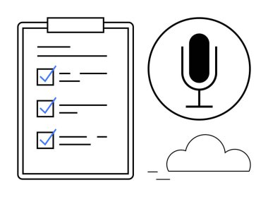 Bir mikrofon sembolü ve bulut simgesinin yanında işaretli görevleri olan kontrol listesi panosu. Üretim, organizasyon, görev takibi, ses kontrolü, bulut entegrasyonu, iş akışı planlaması için ideal, basit