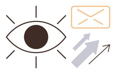 Göz grafiği ışınlarla çevrili, mesaj gönderdiğini gösteren zarf ve oklar büyümeyi, ilerlemeyi ya da yönü simgeliyor. Vizyon, iletişim, mesajlaşma ve strateji hedefleri için ideal pazarlama ilerlemesi
