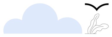 Yumuşak mavi bulut, uçan kuş silueti, basit çizgilerde soyut bitkiler. Doğa için ideal, sakin, eko, açık hava, ilham rahatlama saflığı. Basit bir düz metafor.