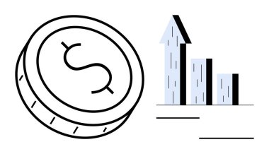 Yükselen grafiğin yanında dolar işareti ve yukarı doğru büyümeyi gösteren ok. Ekonomi, finans, iş stratejisi, yatırım, başarı, kâr ve basit iniş sayfası için ideal
