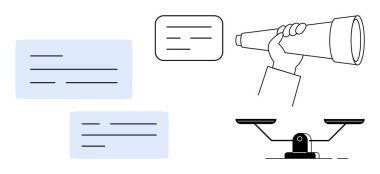 Teleskopta berraklık taraması, iletişim için konuşma baloncukları ve adalet için denge ölçeği. Liderlik için ideal, strateji, odaklanma, adalet, vizyon, analiz eşitliği basit düz