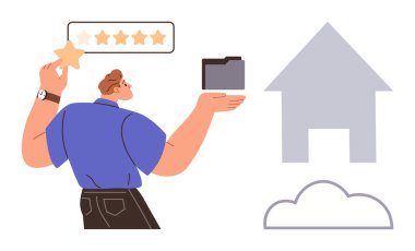 Adam 5 yıldızlı inceleme yapıyor, elinde siyah dosya var. Gri bir ev ve bulut simgesi yakınında geri bildirim, depolama ve emlak temaları var. Derecelendirme, teknoloji, emlak, geri bildirim başarısı için ideal