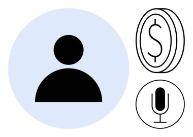 Mavi çemberin içinde, yanında bir mikrofon ve dolar simgesi olan kullanıcı silueti. Dijital kimlik, finansal hizmetler, ses komutları, teknoloji, uygulamalar, podcastlar, ödeme kapıları, basit