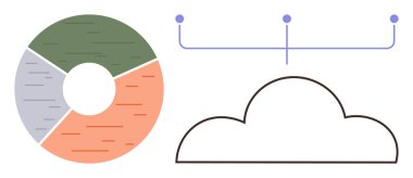 Dört parçaya bölünmüş dairesel tablo, bulut ana hatları ve noktalı bağlantı çizgileri veri paylaşımını, bulut depolamayı ve işbirliğini sembolize ediyor. Analiz, bulut hizmetleri, ağ kurmak için ideal