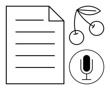 Üzerinde çizgiler, iki kiraz ve mikrofon olan bir sayfa kağıt. Yazmak, podcast, gazetecilik, yaratıcılık, ses içeriği, transkripsiyon minimalizmi için ideal basit iniş sayfası