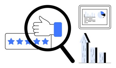 Baş parmaklar için büyüteç, beş yıldızlı reytingler, büyüme gösteren ölçü tablosu, analitik gösterge paneli. Kullanıcı memnuniyeti, araştırma, büyüme stratejisi, veri analizi, performans değerlendirmesi için ideal