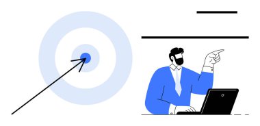 Hedefi elinde dizüstü bilgisayarla vuran bir okla sembolize edilen profesyonel bir hedef. Başarı, strateji, odaklanma, planlama, iş, hedef belirleme liderliği için idealdir. Basit düz metafor